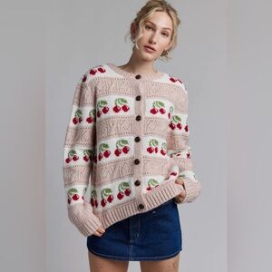 Urban Outfitter Kimchi Blue Cherry Print Boxy Knit Sweater Cardigan Pink Sz S